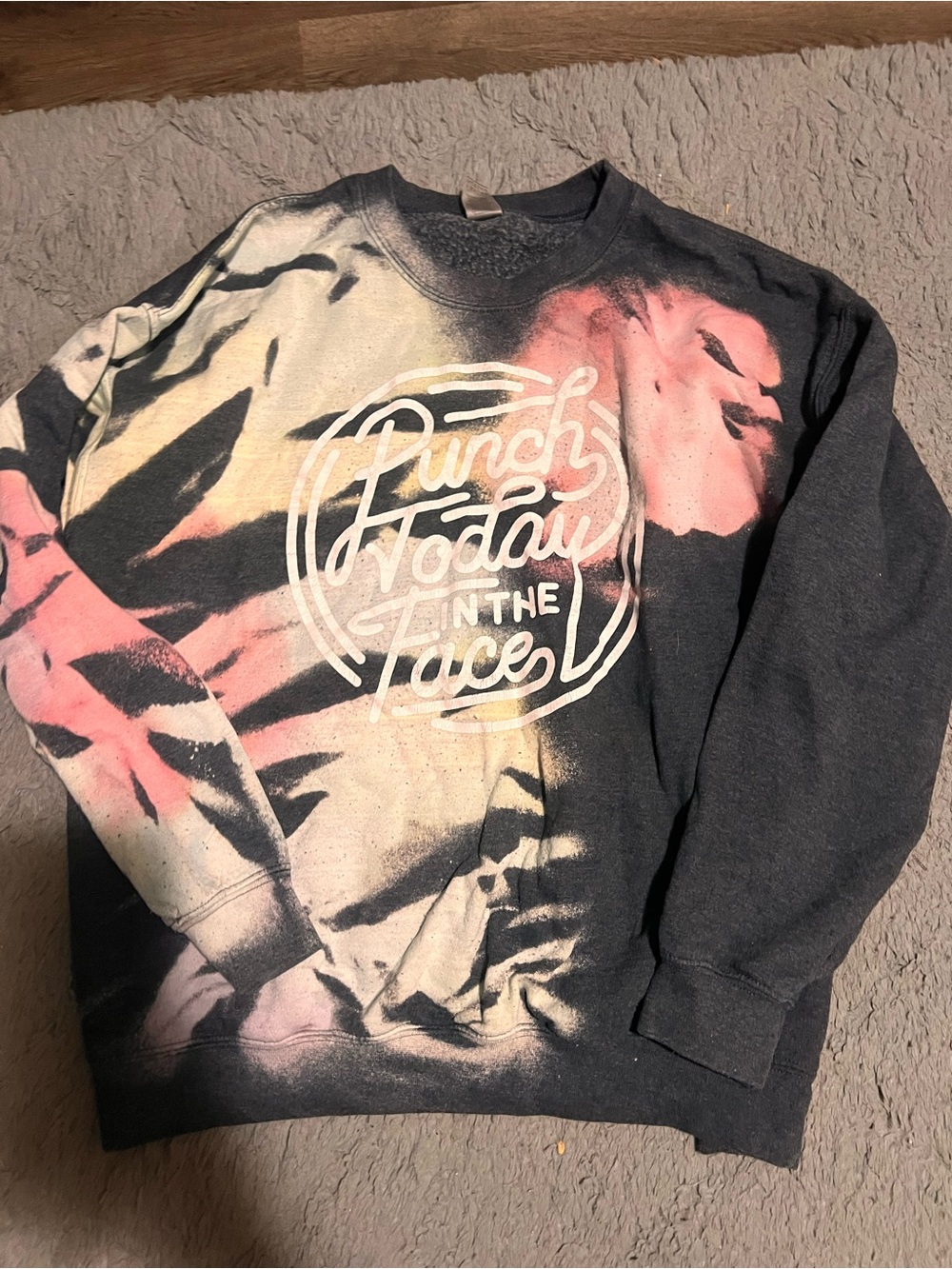 Graphic Tie-Dye Sweatshirt - 'Punch Today in the Face' - Black & Pink